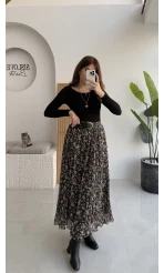 Kalın Kemerli Çiçek Desenli Şifon Etek - Haki