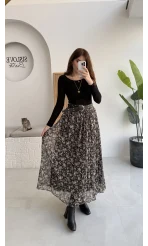 Kalın Kemerli Çiçek Desenli Şifon Etek - Haki