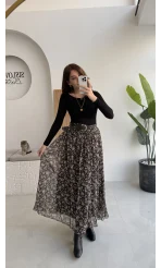 Kalın Kemerli Çiçek Desenli Şifon Etek - Haki