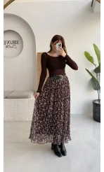 Kalın Kemerli Çiçek Desenli Şifon Etek - Kahverengi