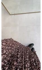 Kalın Kemerli Çiçek Desenli Şifon Etek - Kahverengi