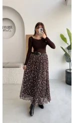 Kalın Kemerli Çiçek Desenli Şifon Etek - Kahverengi