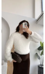 Kalina Bisiklet Yaka Tüylü Yumoş Kazak - Beyaz