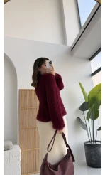 Kalina Bisiklet Yaka Tüylü Yumoş Kazak - Bordo