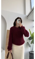 Kalina Bisiklet Yaka Tüylü Yumoş Kazak - Bordo