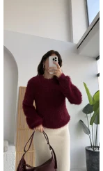 Kalina Bisiklet Yaka Tüylü Yumoş Kazak - Bordo