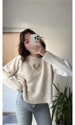 Kalp Detay Kazak Krem