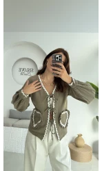 Kalp İşlemeli Pinterst Bluz - Haki - 1027