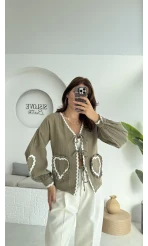 Kalp İşlemeli Pinterst Bluz - Haki - 1027