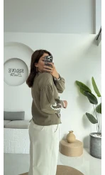 Kalp İşlemeli Pinterst Bluz - Haki - 1027