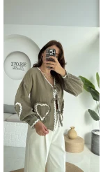 Kalp İşlemeli Pinterst Bluz - Haki - 1027