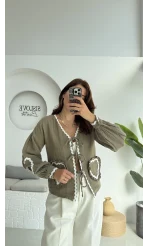 Kalp İşlemeli Pinterst Bluz - Haki - 1027