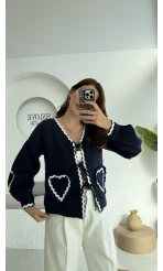 Kalp İşlemeli Pinterst Bluz - Lacivert - 1027