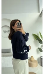 Kalp İşlemeli Pinterst Bluz - Lacivert - 1027