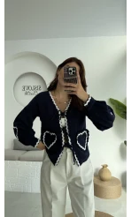 Kalp İşlemeli Pinterst Bluz - Lacivert - 1027