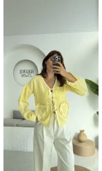 Kalp İşlemeli Pinterst Bluz - Sarı - 1027