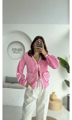 Kalp İşlemeli Pinterst Bluz - Şeker Pembesi - 1027