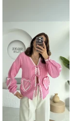 Kalp İşlemeli Pinterst Bluz - Şeker Pembesi - 1027
