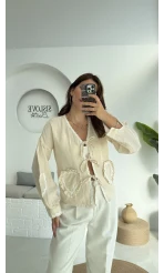 Kalp İşlemeli Pinterst Bluz - Taş - 1027