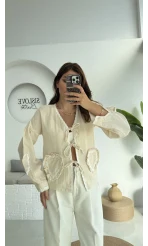 Kalp İşlemeli Pinterst Bluz - Taş - 1027