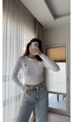 Kalp Nakışlı Crop Body Beyaz