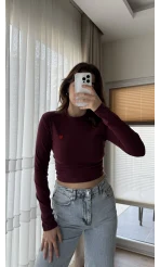 Kalp Nakışlı Crop Body Bordo