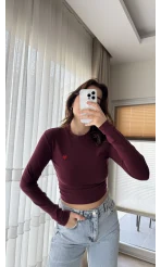 Kalp Nakışlı Crop Body Bordo