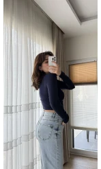 Kalp Nakışlı Crop Body Lacivert