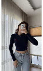 Kalp Nakışlı Crop Body Lacivert