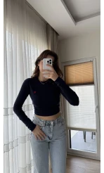 Kalp Nakışlı Crop Body Lacivert