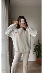 Kalp Nakışlı Sweatshirt Şardonlu Beyaz