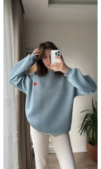 Kalp Nakışlı Sweatshirt Şardonlu Turkuaz