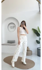 Kalpli Bağcıklı Kot Pantolon Krem