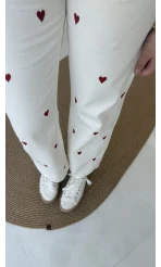 Kalpli Bağcıklı Kot Pantolon Krem