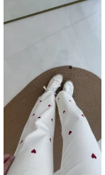 Kalpli Bağcıklı Kot Pantolon Krem