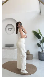 Kalpli Bağcıklı Kot Pantolon Krem