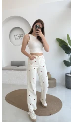 Kalpli Bağcıklı Kot Pantolon Krem