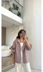 Kapüşonlu Ekose Ceket - Bordo - Kod: 7752