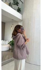 Kapüşonlu Ekose Ceket - Bordo - Kod: 7752
