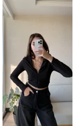 Kapüşonlu Siyah Fitili Crop