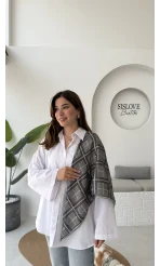 Kare Desenli Gri Fular/Eşarp