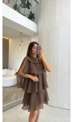 Kat Kat Pelerin Mini Elbise - Kahverengi - Kod: 3452