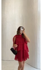 Kat Kat Pelerin Mini Elbise - Kırmızı - Kod: 3452