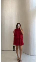 Kat Kat Pelerin Mini Elbise - Kırmızı - Kod: 3452
