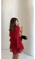 Kat Kat Pelerin Mini Elbise - Kırmızı - Kod: 3452