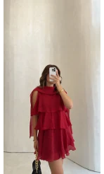 Kat Kat Pelerin Mini Elbise - Kırmızı - Kod: 3452