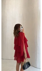 Kat Kat Pelerin Mini Elbise - Kırmızı - Kod: 3452