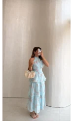 Kat Kat Şifon Desenli Elbise - Mavi - Kod: 3221