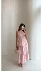 Kat Kat Şifon Desenli Elbise - Pembe - Kod: 3221