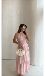 Kat Kat Şifon Desenli Elbise - Pembe - Kod: 3221